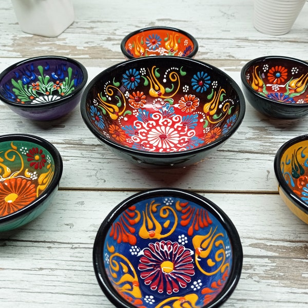 7 pcs Embossed Handmade Painted Black & Colorful Vintage Bohemian Ceramic Bowls Home Kitchen Serving Pottery Gift for Her Wife Housewarming