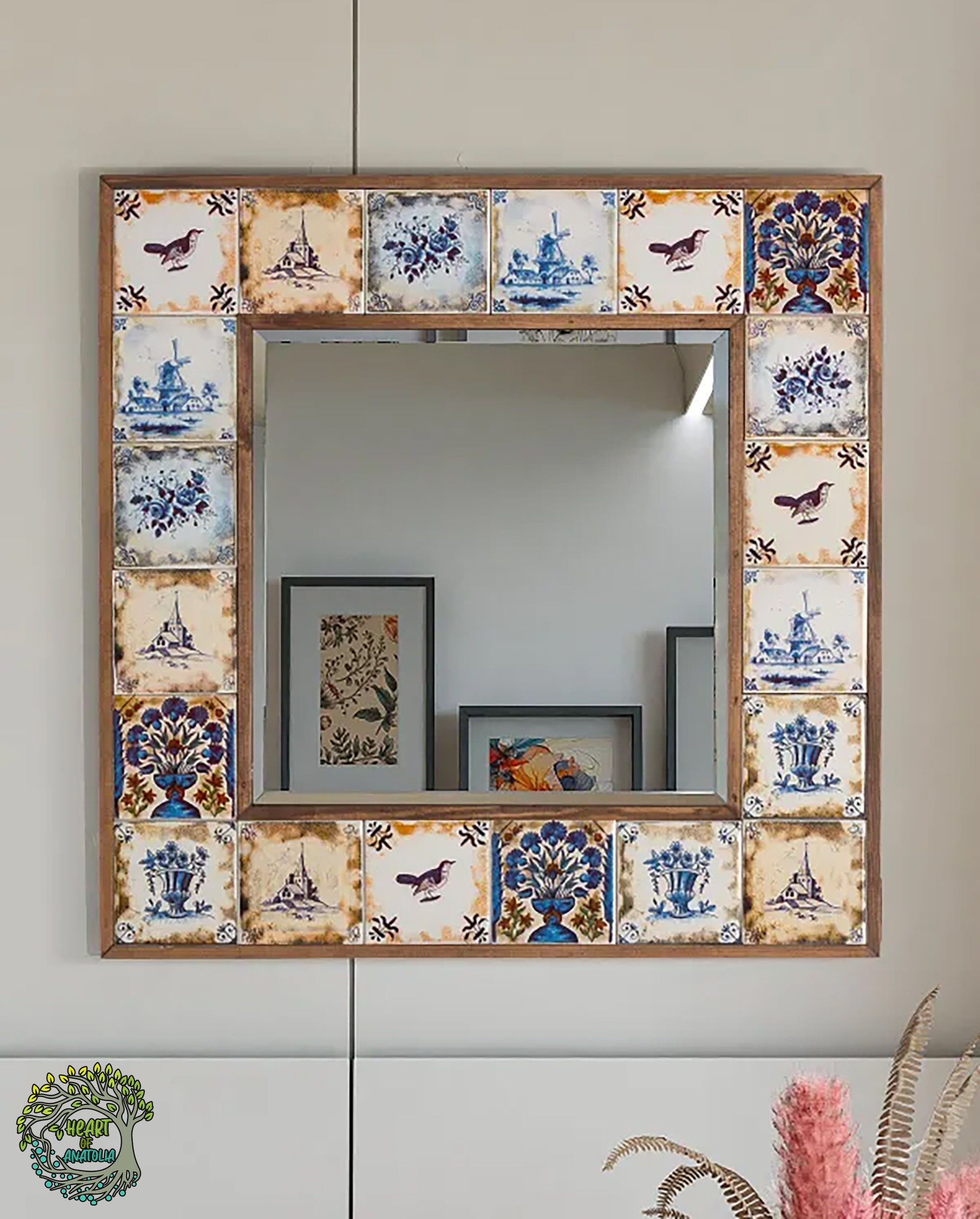 Handcrafted Tile Mirror | Rustic Wood Frame Boho Wall Decor - Etsy, image size:2000x2487
