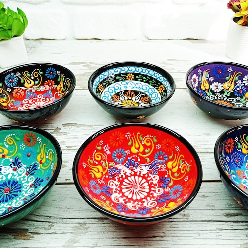 Set of 6 Unique Large Ceramic Serving Dinnerware Soup Bowls Mixing Embossed Dishes Breakfast Salad Cornflakes Handmade Pottery Dish Gift