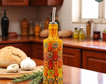 【未使用】陶器製 オイルディスペンサー 手作りの陶器製オリーブオイルディスペンサー | トルコ風の花柄オイル