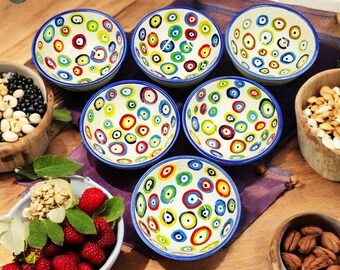 Evil Eye Bowls Set of 6 - Handmade Turkish Ceramic Dipping Bowls