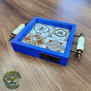 Handmade Ceramic Small Tile Tray With Handles | Decorative Coffee Table Bar Tray | Handcrafted Ottoman Serving Tray | Mexican Tiles Platter