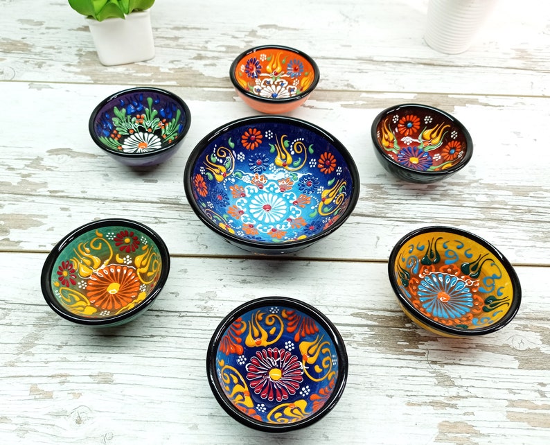 7x Kreative Minimal Traditionelle Türkische Keramik Blau Schüsseln Set, Appetizer Everyday Boho Handmade Thrown Home Decor Keramik Geschenk für sie, Mama Bild 7