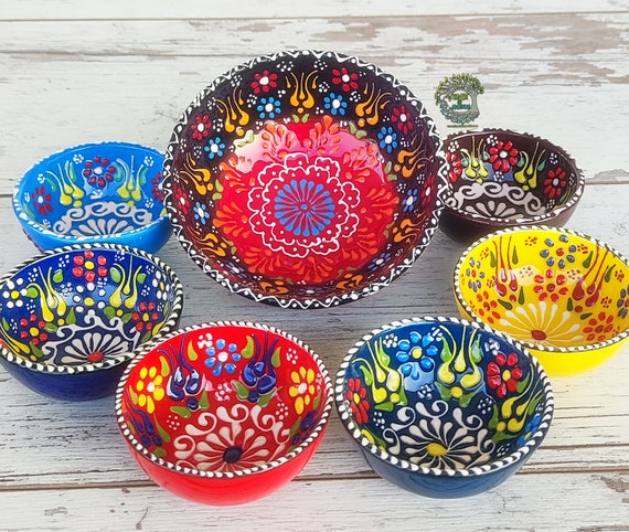 7x Ceramic Bowls Set Large & Small Handmade Turkish Pottery