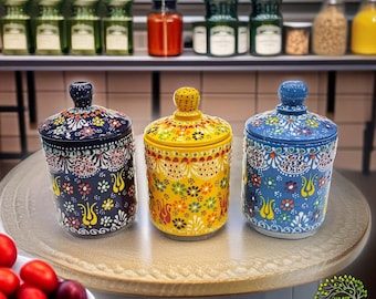 Ceramic Spice Jars Set With Lid | Handmade Decorative Sugar Food