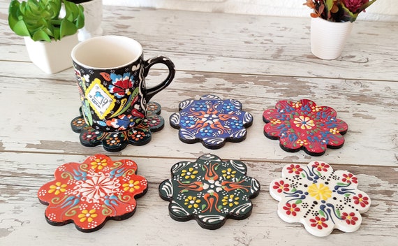 4x Ceramic Coaster Set | Flowers Turkish Ceramic Tile