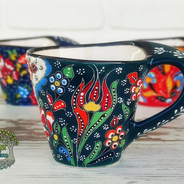 Ceramic Coffee Mug | Unique Handmade Large Handle Pottery Mug | Turkish Coffee Tea Soup Cup | Handpainted Decorative Ceramic Gift