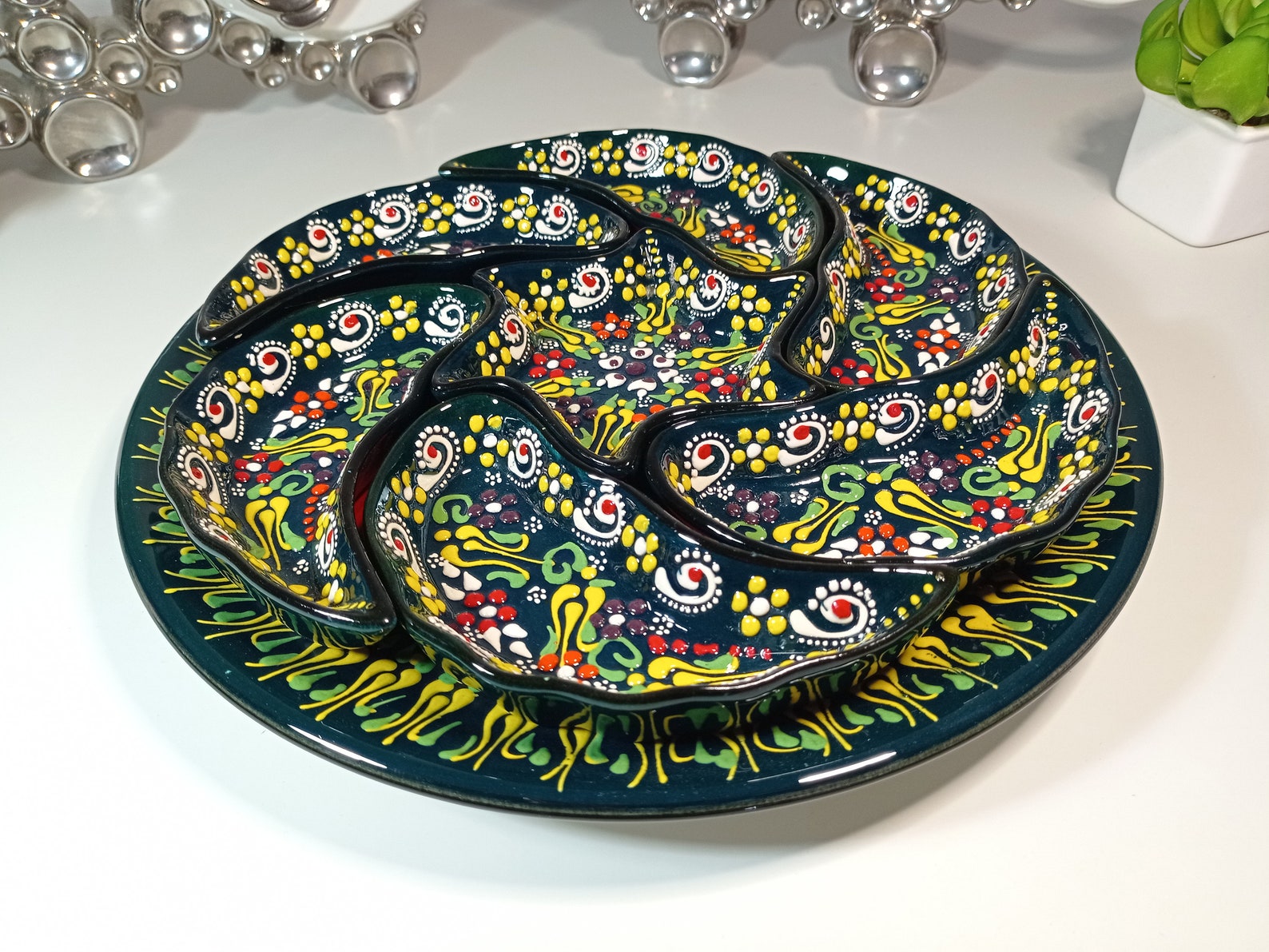 Handmade Ceramic Serving Set | Pinwheel Appetizer Plates - Turkish Pottery | 8 Pieces