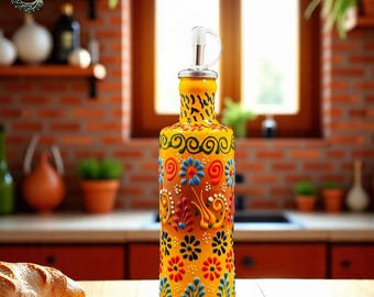 手作りの陶器製オリーブオイルディスペンサー｜手描きの花柄キッチン用