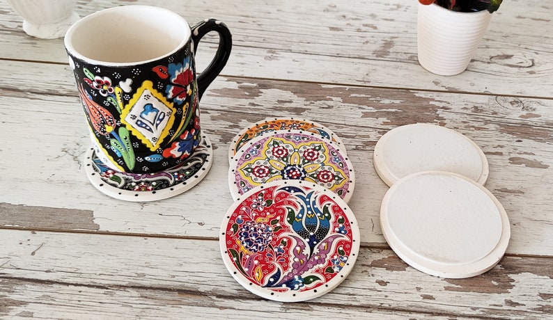 Image showcasing Handmade Ceramic Coaster Set | Engraved Turkish Tile - Boho Table Decor ...