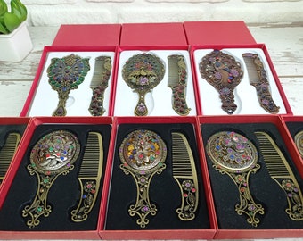 Juego de espejo y peine antiguo otomano, decoración de tocador vintage, caja de regalo