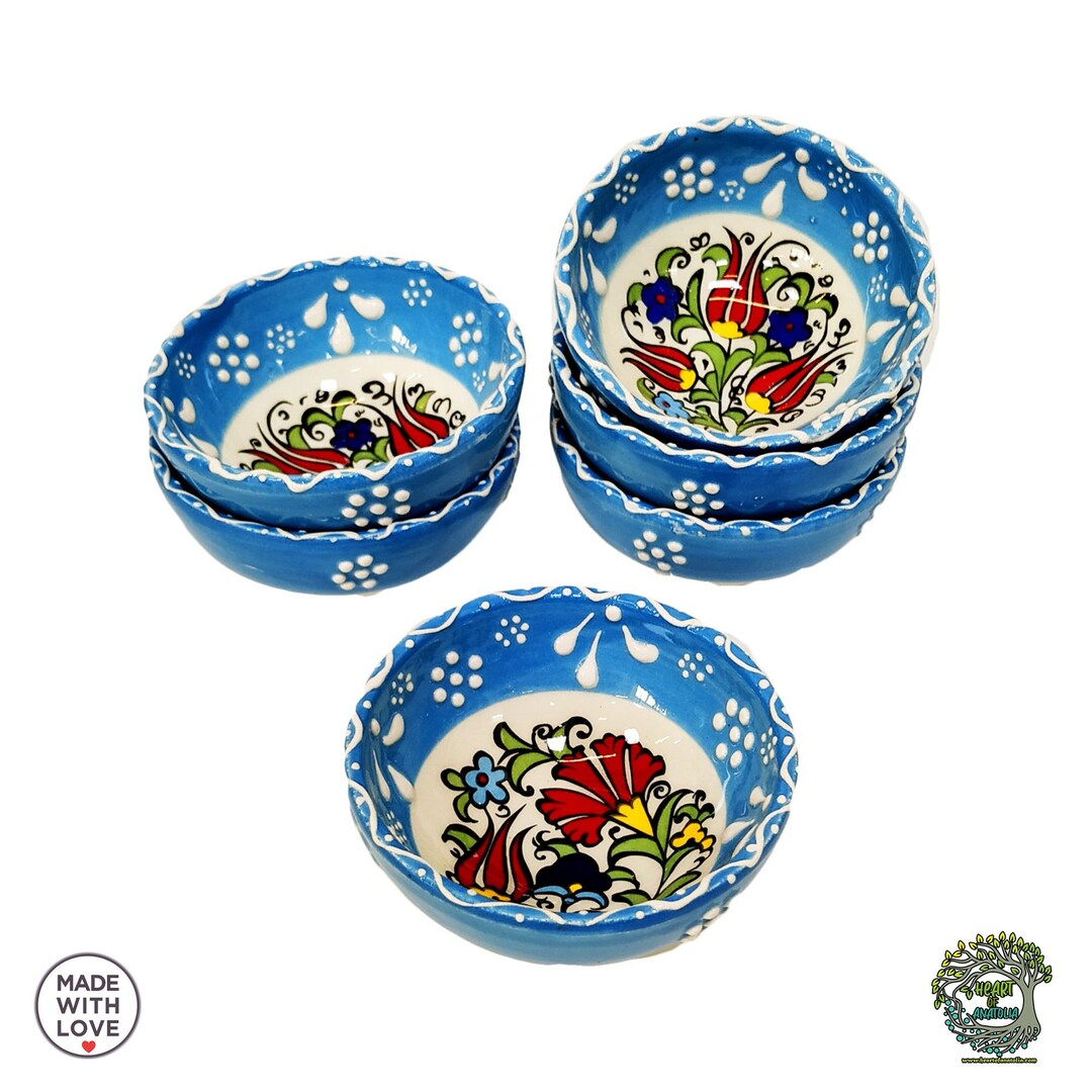 Handgefertigte Türkische Keramikschalen Set 6 Stück – Blaue Mini-Schalen Für Dips & Snacks