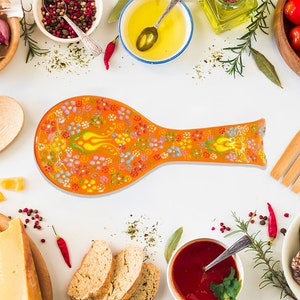 Ceramic Kitchen Spoon Rest Utensil Holder Handmade painted Stove Turkish Spoon Rest Leaf Pottery Gift for Chef Her Him