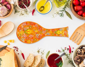 Descanso de colher de cerâmica artesanal | Suporte para utensílios de cozinha pintado à mão, estilo turco
