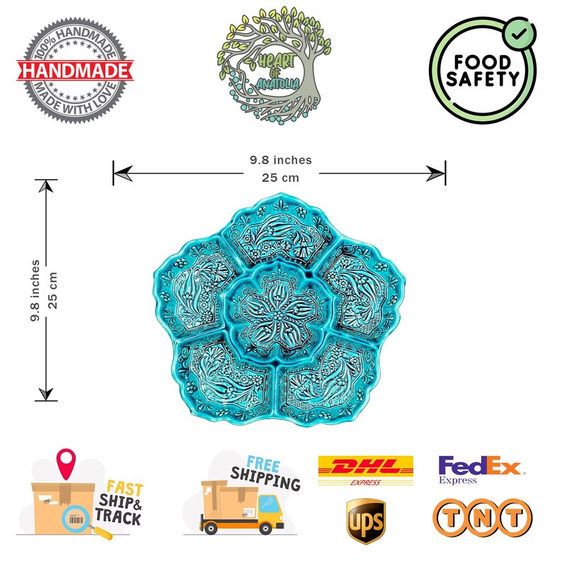 May include: A turquoise ceramic serving dish with a floral design, measuring 9.8 inches (25 cm) in diameter. The dish is divided into six sections and is labeled "Food Safety". The handmade dish is a decorative piece.