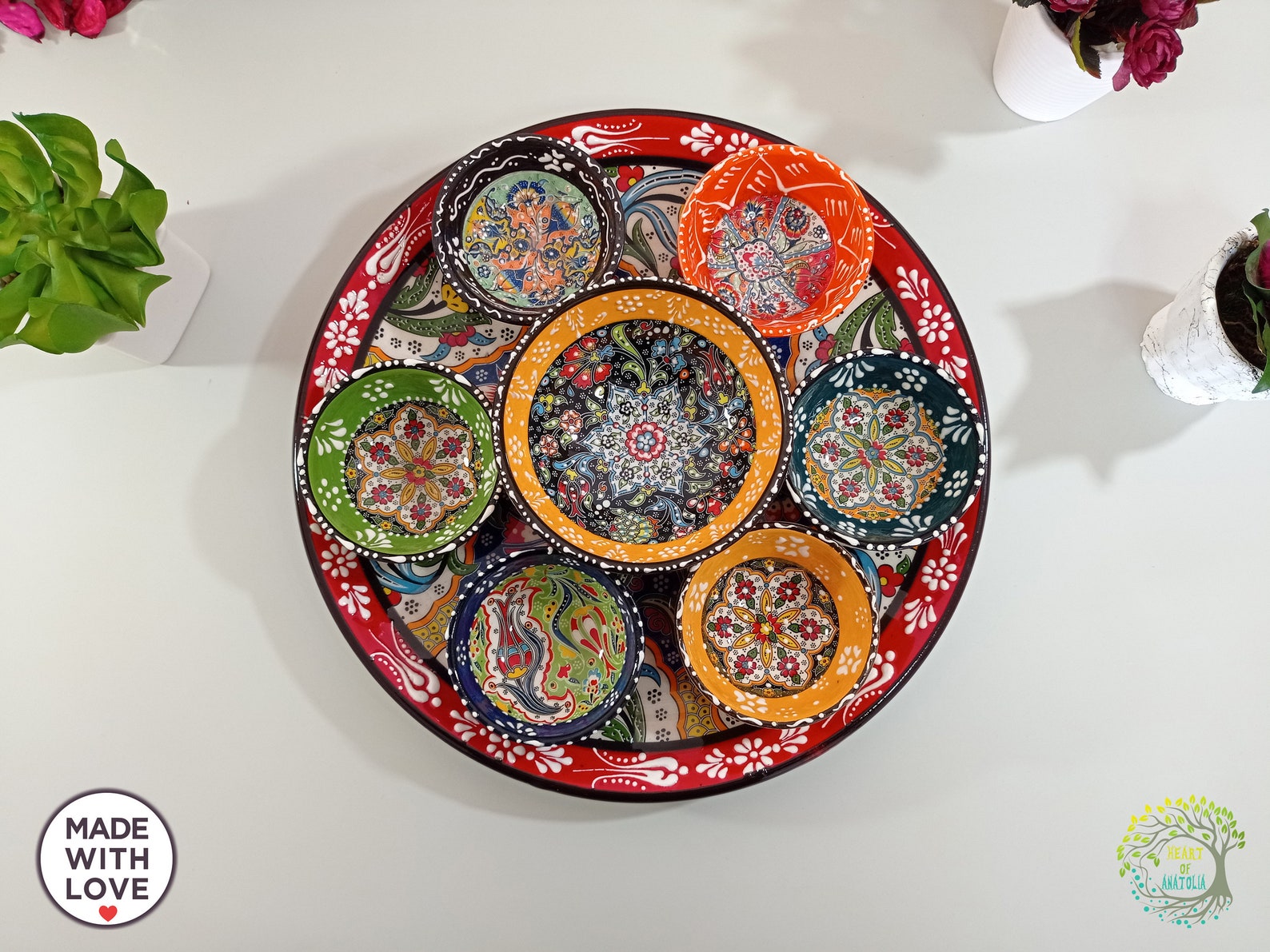 Handmade Ceramic Bowls & Tray Set 8 Pieces | Turkish Appetizer Serving Dish