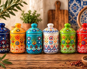 Handmade Ceramic Kitchen Storage | Turkish Spice Jar Set With Lid