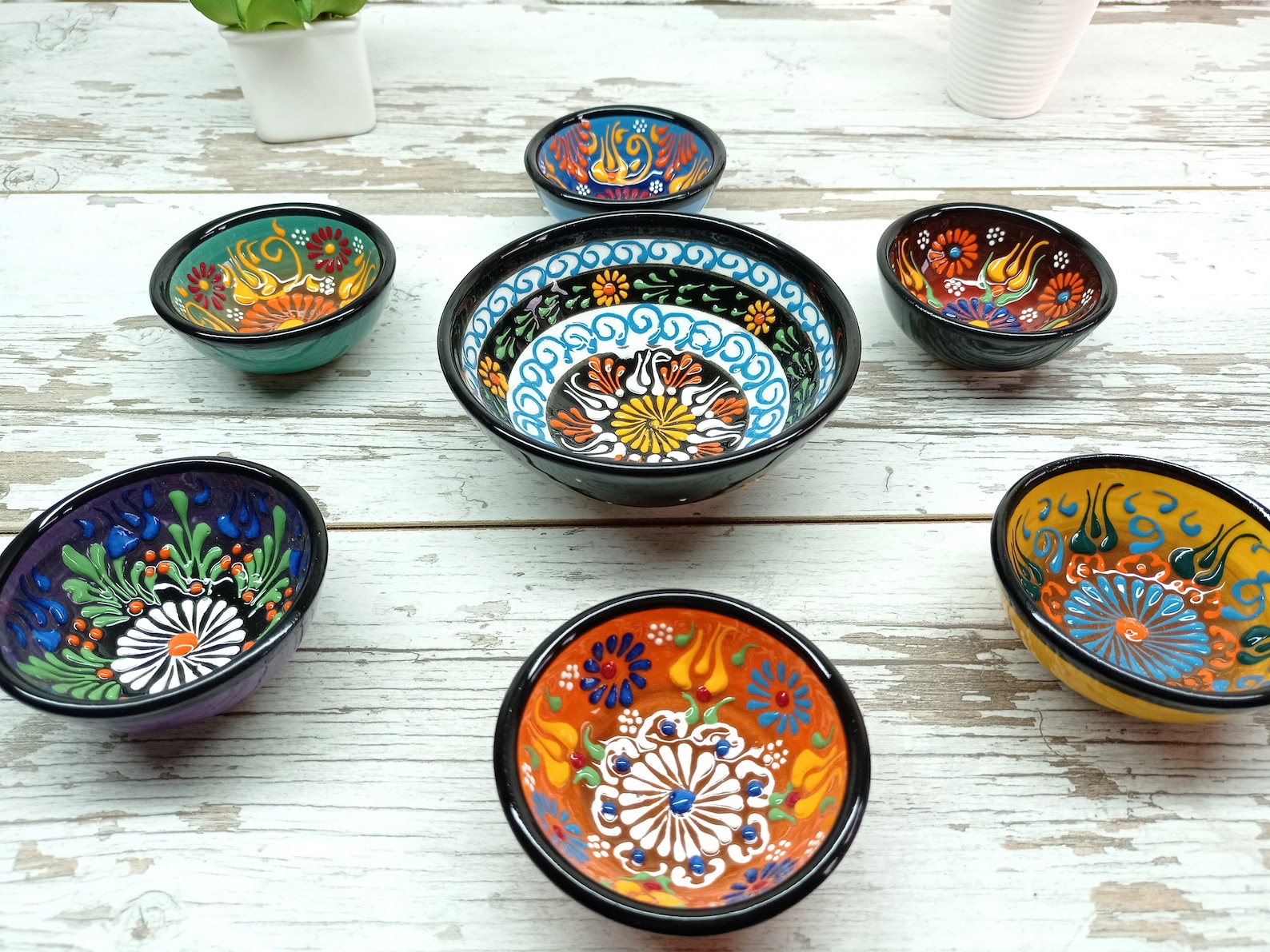 Set of 7 Floral Ceramic Serving Bowls | Turkish Hand-Painted Pottery