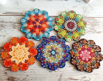 Trivet Ceramic for Hot Dishes , Plates Unique Floral Decorative Handmade Painted Turkish Tile Coaster Cooking Trivets , Gift for New Home