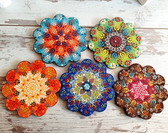 Trivet Ceramic for Hot Dishes , Plates Unique Floral Decorative Handmade Painted Turkish Tile Coaster Cooking Trivets , Gift for New Home