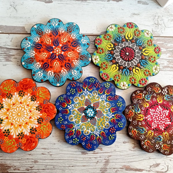 Trivet Ceramic for Hot Dishes , Plates Unique Floral Decorative Handmade Painted Turkish Tile Coaster Cooking Trivets , Gift for New Home