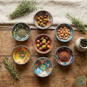 Może przedstawiać: Kolekcja małych, dekoracyjnych ceramicznych misek wypełnionych oliwkami, przyprawami i orzechami. Miski mają kolorowe wzory kwiatowe i są ułożone na drewnianej powierzchni z gałązkami ziół.