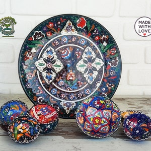 9 Pcs Ceramic Tray Bowls Plate Set Nuts Snack Breakfast Dinnerware Serving Set Handmade Painted Turkish Ceramic Round Tray Decorative Bowl