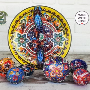 9x Handmade Ceramic Tray Bowls Platter Set | Breakfast Serveware Soy Sauce Tapas Dinnerware Serving Bowls Decorative Floral Dish Pottery Set