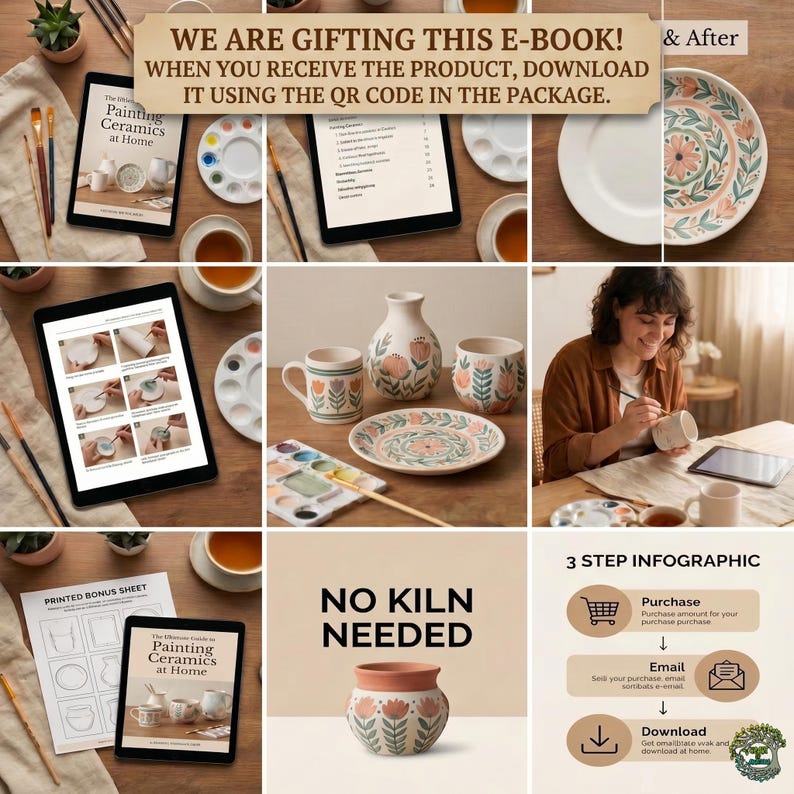 Puede incluir: Una colecci&oacute;n de art&iacute;culos de cer&aacute;mica con dise&ntilde;os florales, que incluyen un jarr&oacute;n, una taza, un plato y una maceta peque&ntilde;a. La imagen tambi&eacute;n presenta una tableta con instrucciones de pintura, paletas y el texto "NO KILN NEEDED".