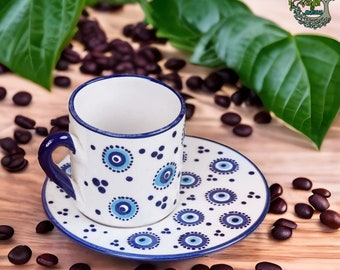 Evil Eye Turkish Coffee Cup Set | Handmade Ceramic Espresso Mug