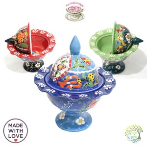 Decorative Handmade Lidded Candy Box Handpainted Footed Jewellery or Sugar Bowl for Halloween, New Home Buyer