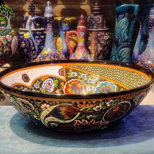 12&quot; Large Ceramic Bowl | Pasta Salad Fruit Spaghetti Cookie Serving Bowl | Handmade Ceramic Turkish Pottery | Decorative Ceramic Gift