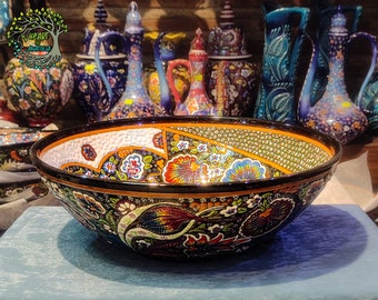 12" Large Ceramic Bowl | Pasta Salad Fruit Spaghetti Cookie Serving Bowl | Handmade Ceramic Turkish Pottery | Decorative Ceramic Gift