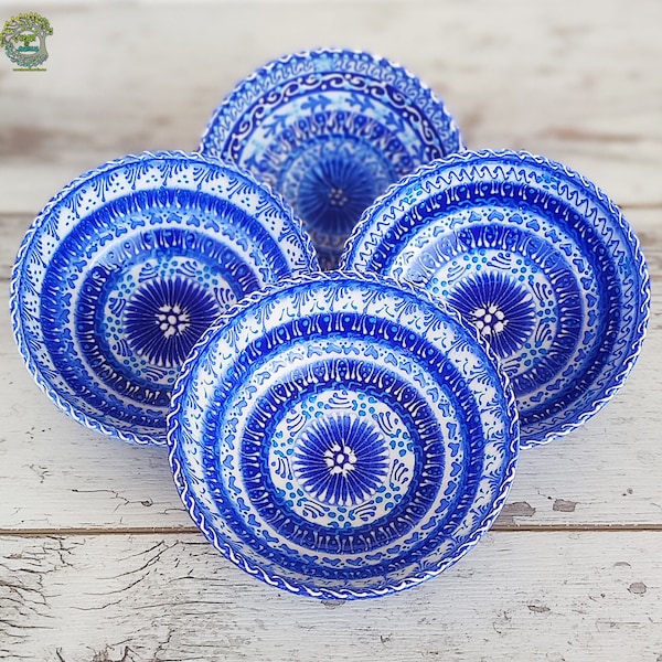 4x Handmade Ceramic Bowls Set Dinnerware Breakfast Serving Bowls Soup Salad Turkish Pottery Tile Decorative Gift | 4.8" / 12cm