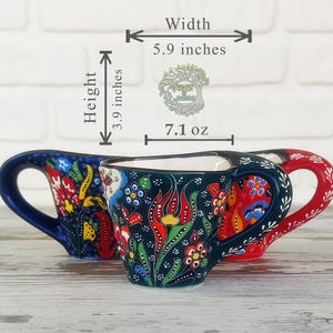 May include: Three Turkish coffee cups with colorful floral designs. The cups are 3.9 inches tall and 5.9 inches wide. Each cup holds 7.1 ounces.