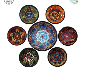7x Keramik Servierschalen Set Handbemalte Bunte Dekorative Lebensmittel Sicher Tapas Snack Sauce Frühstück Keramik Geschenk