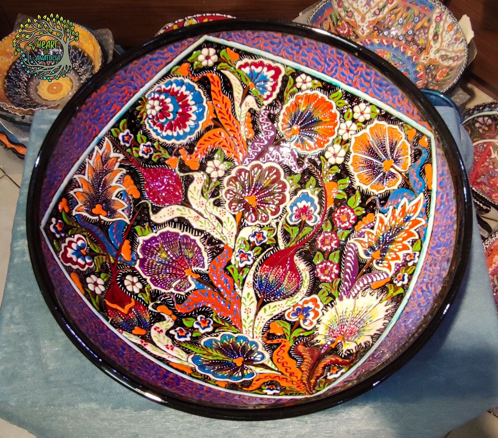 12" Ceramic Serving Bowl - Handmade Turkish Pottery - Embossed Floral Design