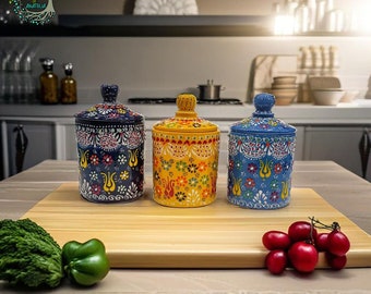 Ceramic Spice Jars Set With Lid | Handmade Decorative Sugar Food