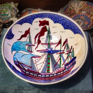 12&quot; Large Decorative Bowl | Handmade Ceramic Pasta Salad Soup Cereal Fruit Serving Bowl | Special Hanpainted Pottery Bowl | Boat Lover Gift