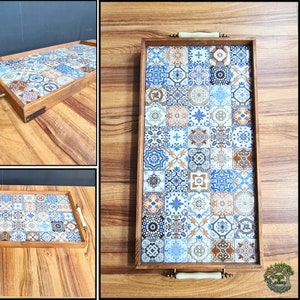 Decorative Ottoman Ceramic Serving Tray | Coffee Serving Kitchen Tray with Handles | Wood Wine Bar Tile Serving Board | Kitchen Decor Gift