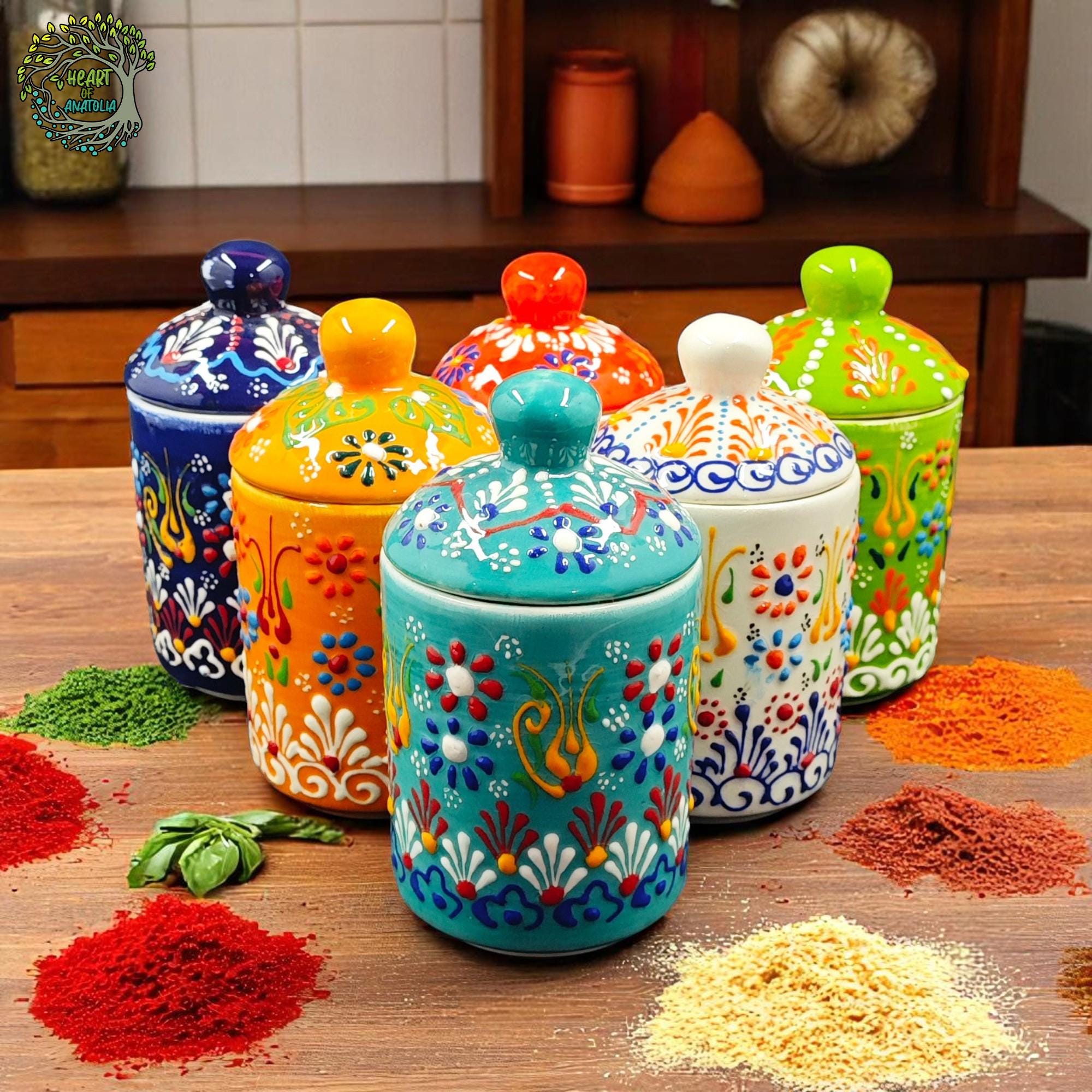 Handmade Ceramic Spice Jars With Lid | Turkish Kitchen Decor - Etsy
