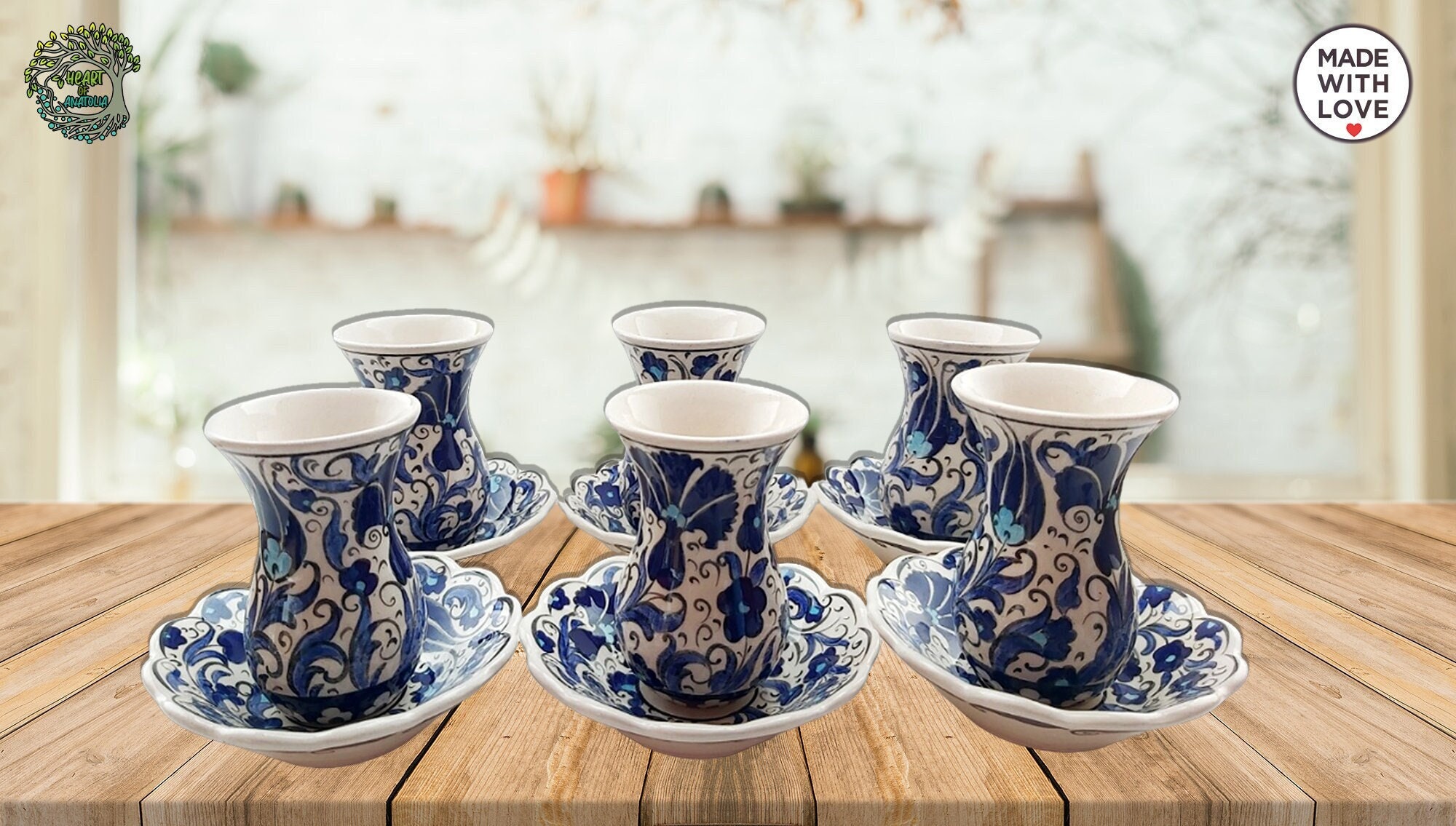 Turkish Tea Set 6 Tea Cups and 6 Saucers | Handmade Ceramic Turkish Tea Set 6 Tea Cups and 6 Saucers | Handmade Ceramic