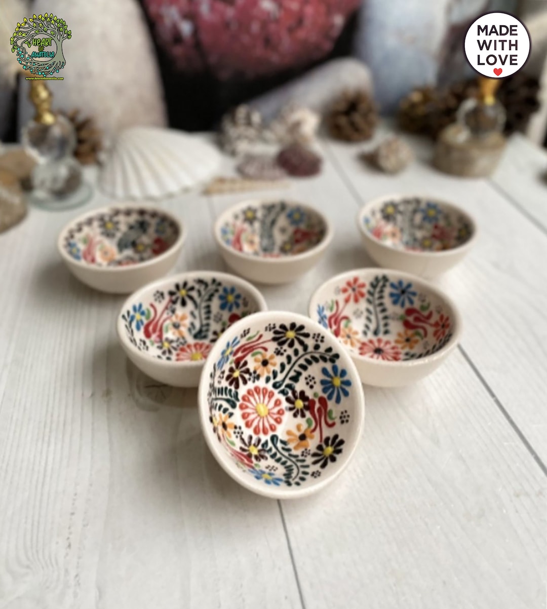 Handmade Turkish Ceramic Mini Bowls | Floral Painted Pottery - Set
