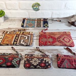 Small Money Coin Card Wallet Keychain Embroidered HandWoven Kilim Vegan Hippie Boho Pouch Purse Turkish Gift for Her Mom,Girlfriend Wife