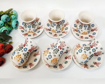 White Handpainted Ceramic Tea Mugs Set of 6 Turkish Black Tea Tile Lead Free Decorative Pottery Housewarming Thanksgiving Gift for Tea Lover
