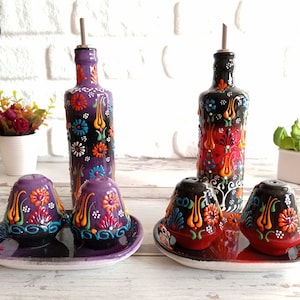 Olive Oil Dispenser Bottle & Salt Pepper Shaker | Handmade Ceramic Pottery | Oil Vinegar Cruet - Spice Shaker Kitchen Decor Gift