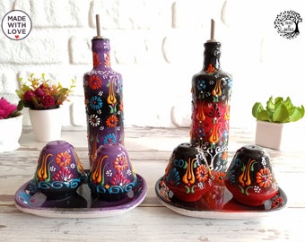 Olive Oil Dispenser Bottle & Salt Pepper Shaker | Handmade Ceramic Pottery | Oil Vinegar Cruet - Spice Shaker Kitchen Decor Gift