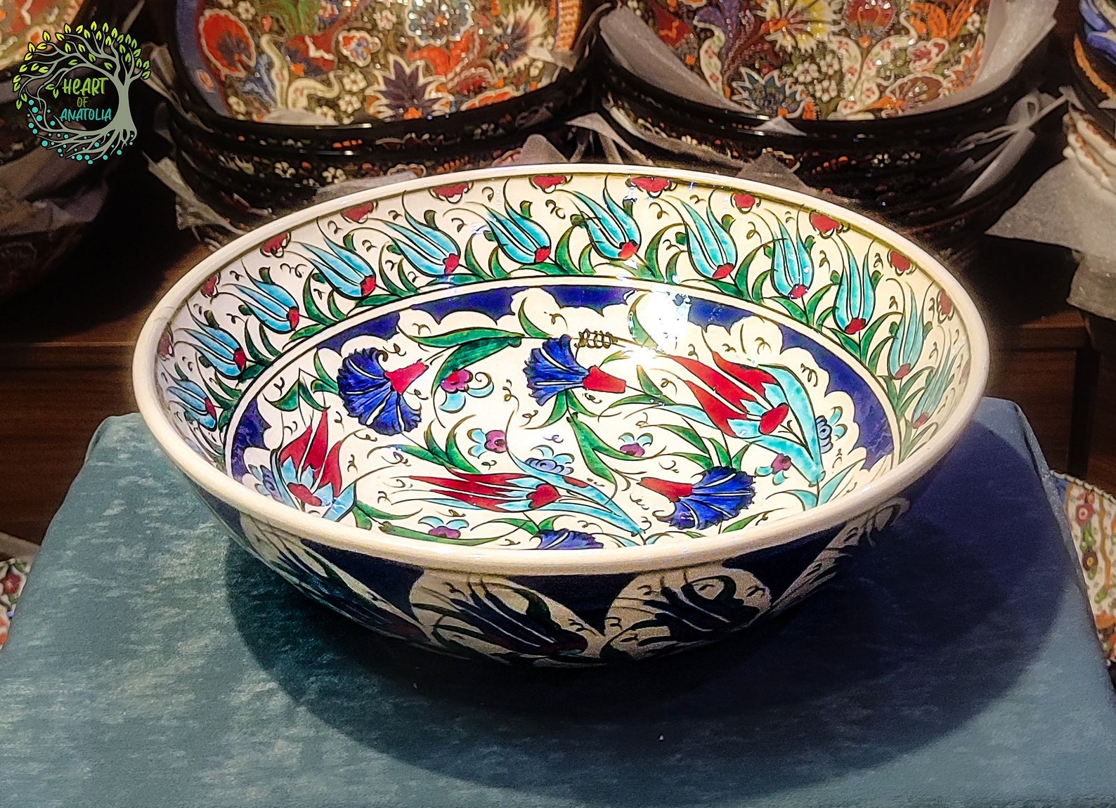 Large Turkish Ceramic Bowl | 12" Hand-Painted Pottery Serving Bowl