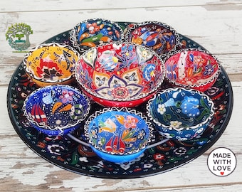 9x Serving Bowls Tray Platter Set | Handmade Ceramic Appetizer Tapas Sauce Chip Dip Serving DecorativeBowl & Large Round Tray Pottery