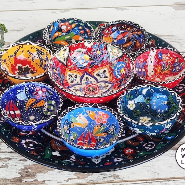 9x Serving Bowls Tray Platter Set | Handmade Ceramic Appetizer Tapas Sauce Chip Dip Serving DecorativeBowl & Large Round Tray Pottery